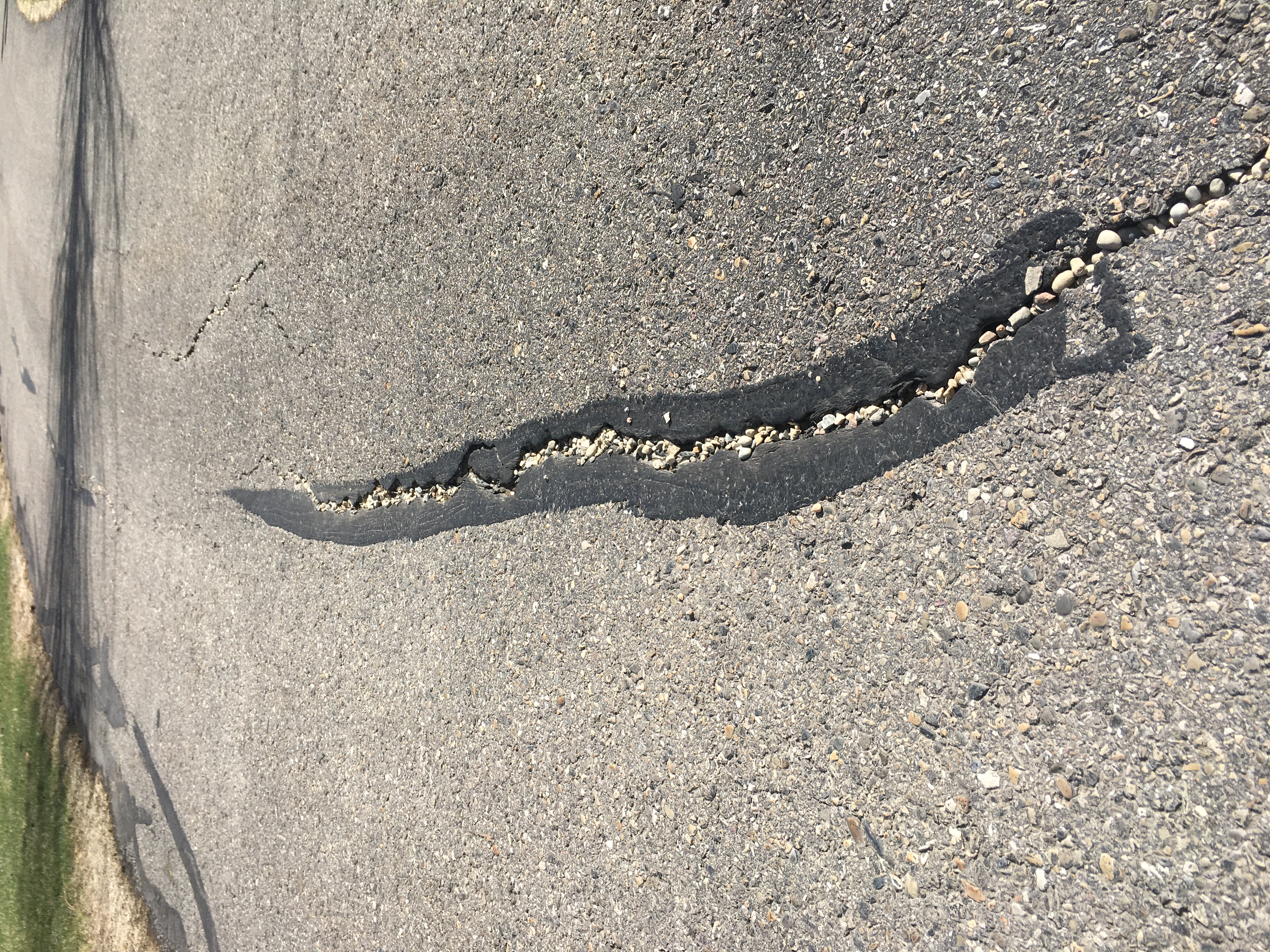 Worker applying hot rubber crack sealant into a crack on a residential asphalt driveway